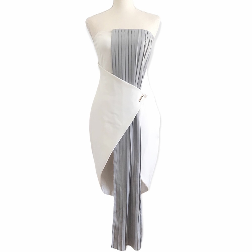 REVOLVE PREMONITION WHITE STRAPELESS COCKTAIL MINI DRESS WITH PLEATED GREY DRAPE